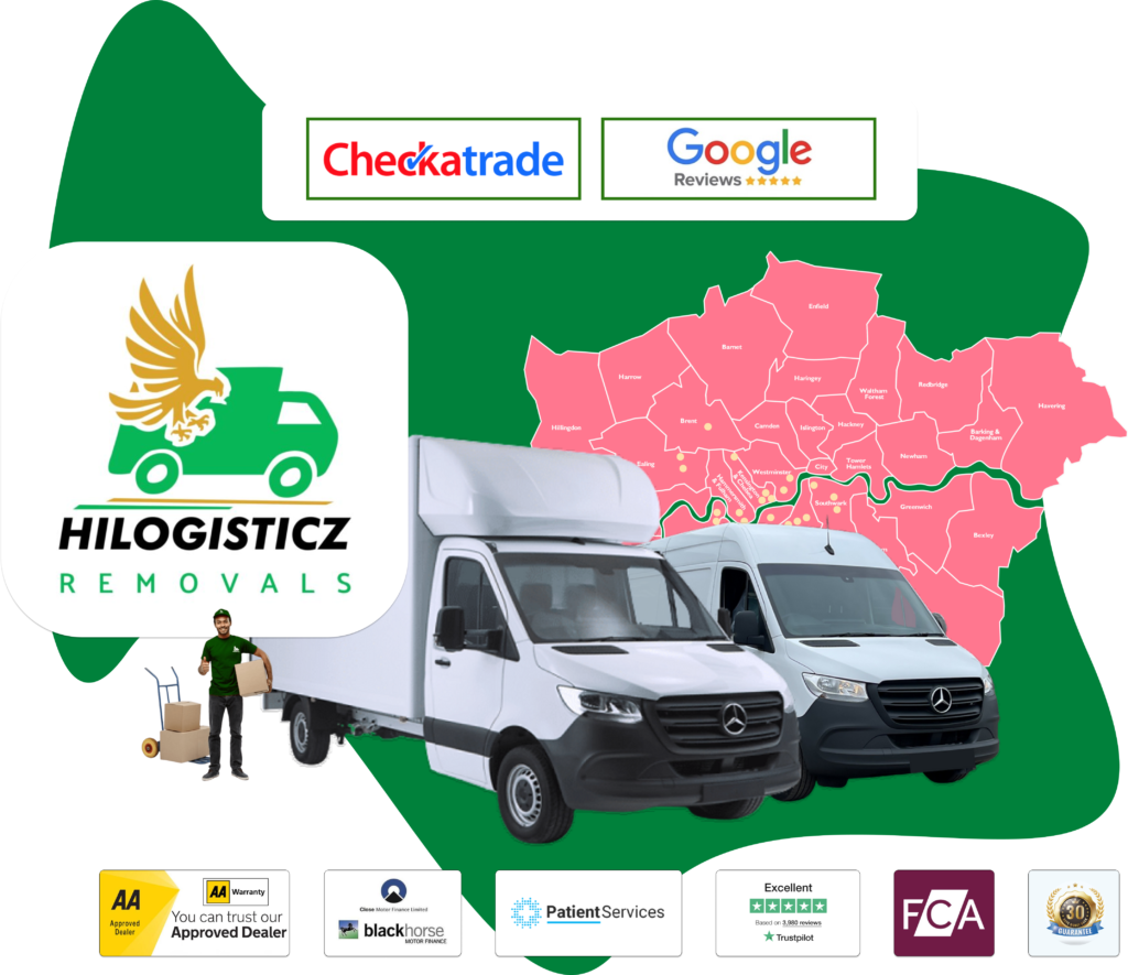 MODERN BANNER WITH TWO large vans for removals and map of london with who we work with and rating on google and checkatrade