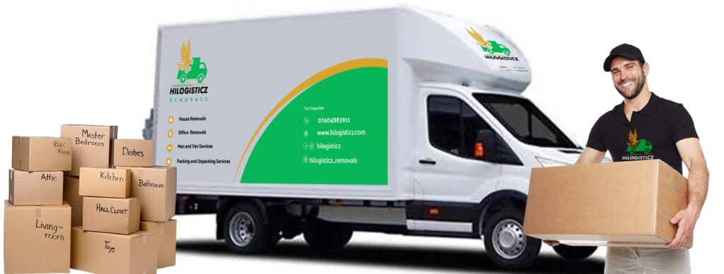 Picture of a removal van with a porter carrying a box with our logo and style on van white canvas and boxes pilled next to it.